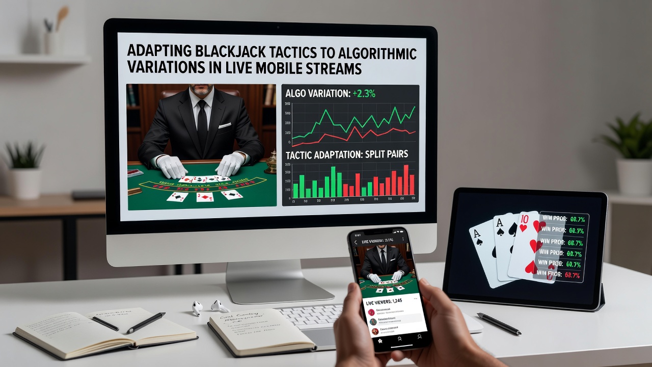 Mobile device displaying real-time blackjack analytics overlay on a live dealer stream